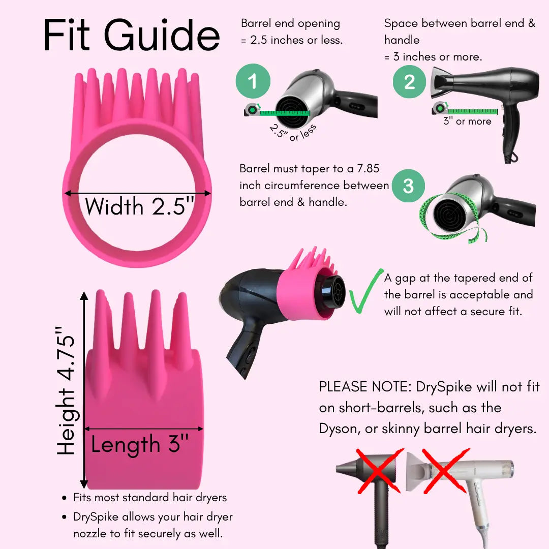 Fit guide for a pink hair dryer attachment with measurements and compatibility notes on a pink background.