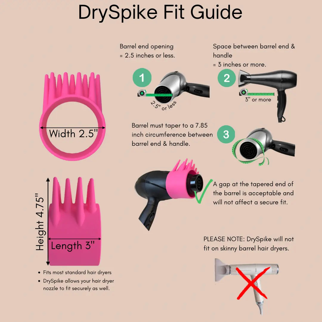 DrySpike Fit Guide with pink hair dryer tool and black hair dryer on a beige background