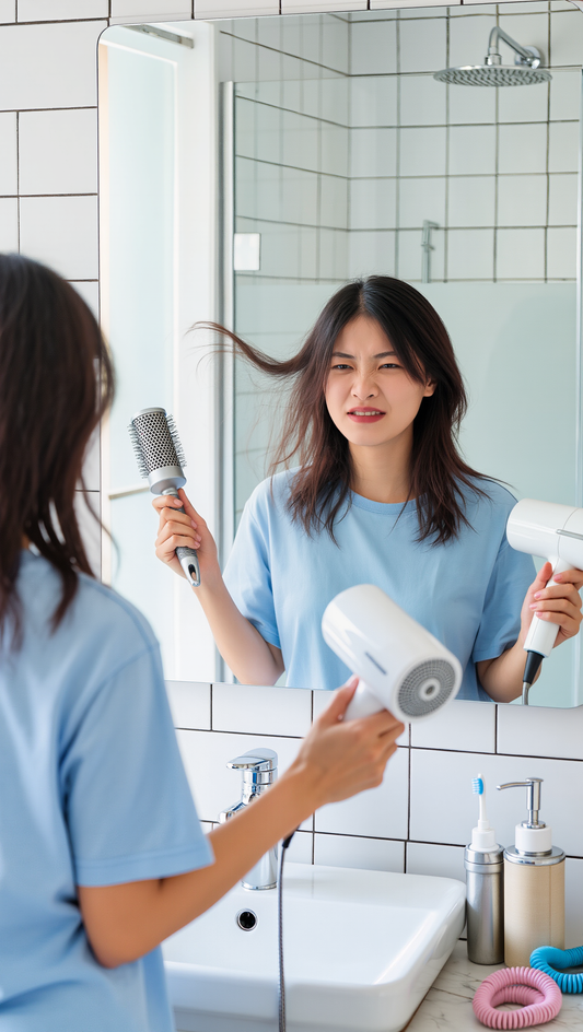 Frustrated woman in bathroom mirror attempting to blow dry her own hair, messy hair flying everywhere