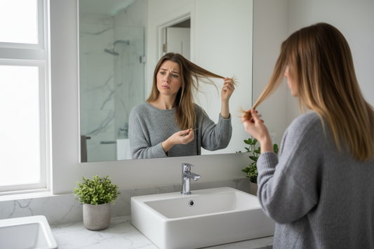 Woman looking at her hair ends with curious concerned expression, examining her hair in bathroom mirror, thoughtful face,
