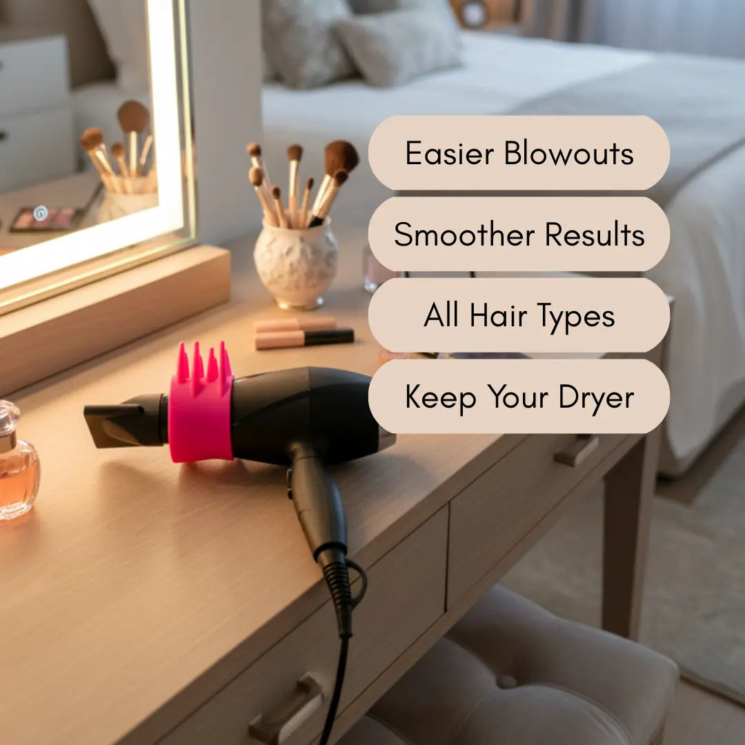 Hair dryer with dryspike blowout tool on a vanity table with text benefits
