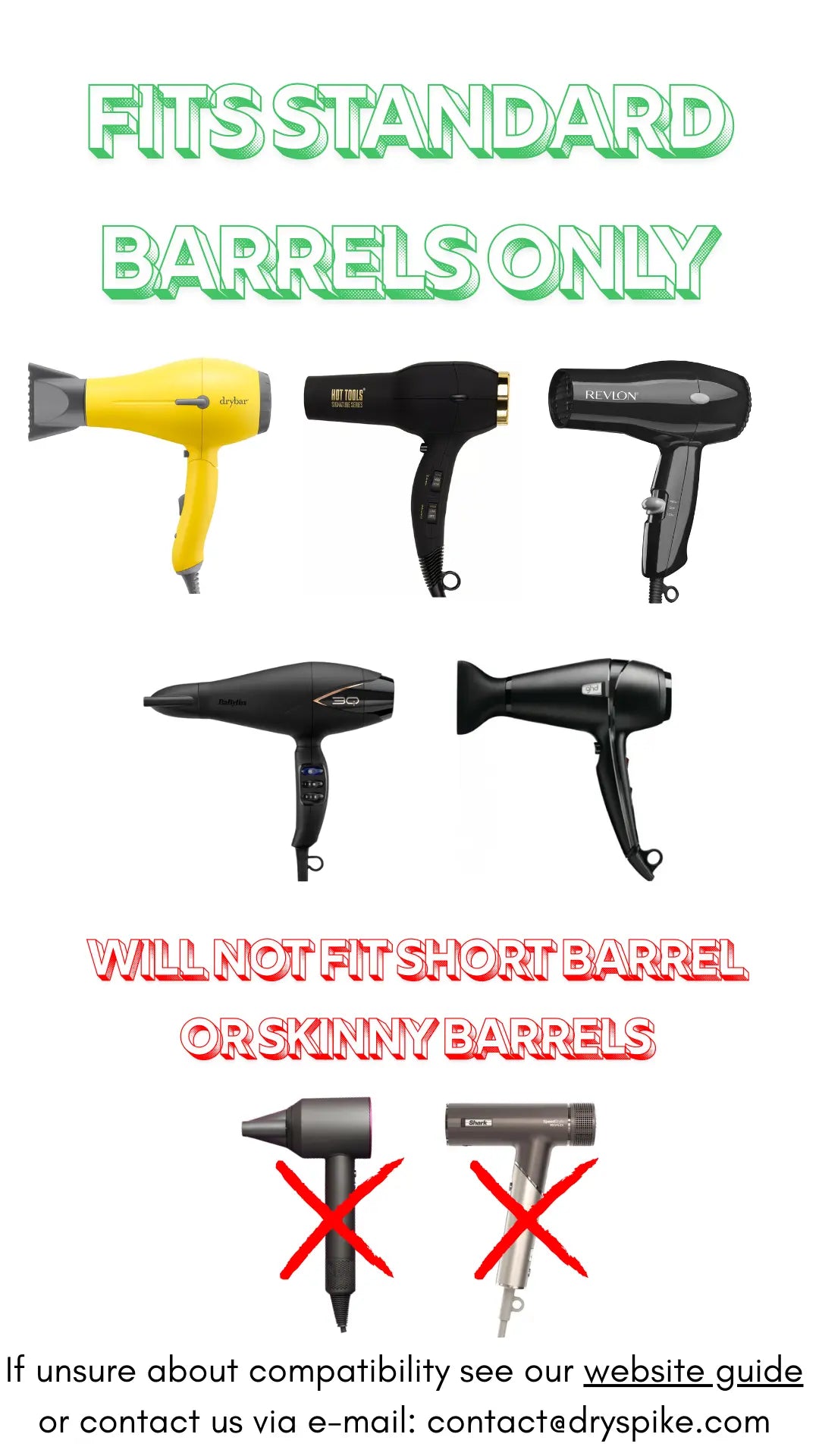 Hair dryers with compatibility information for standard barrels only on a white background