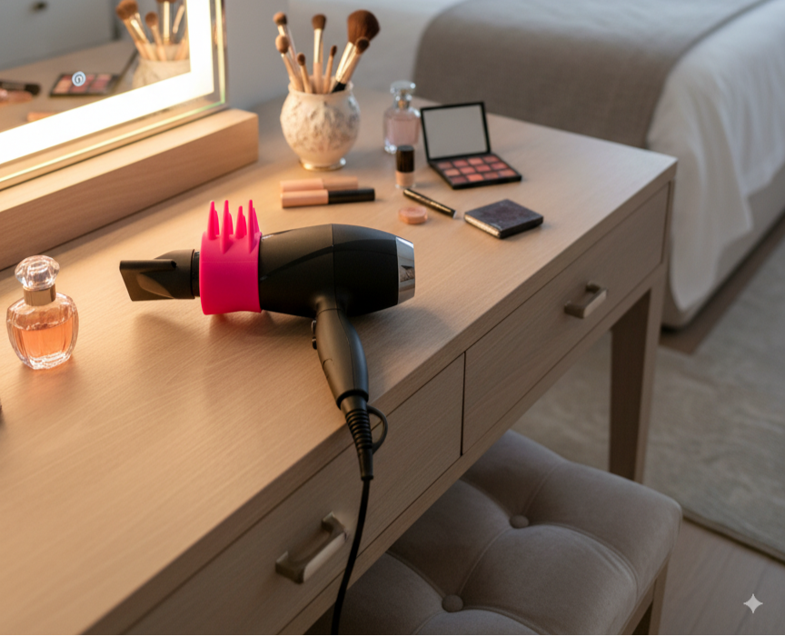 Makeup vanity table with mirror, hair dryer, and various items in a bedroom setting.