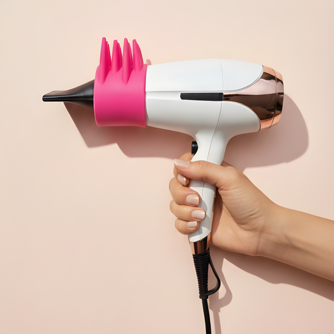 Hair dryer with dryspike attachments on a beige background